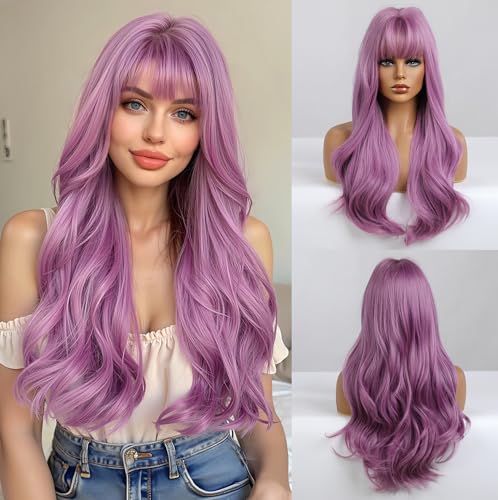Esmee 26 pollici lunga parrucca viola con frangia naturale capelli sintetici parrucche ondulate per le donne quotidiano partito Cosplay uso