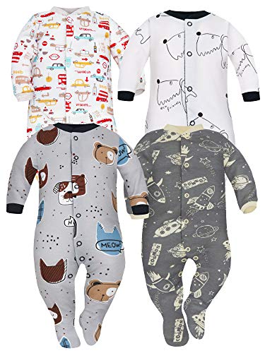 Sibinulo Niño Niña Peleles con Pies Antideslizantes Mamelucos, Pijama Tam. 9 a 12 Meses, Pack de 4 Perros, Animales, Cosmos, Coches 80 Cover