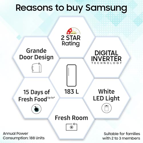Image of Samsung 183 L, 2 Star, Digital Inverter, Direct-Cool Single Door Refrigerator (RR20C11C2RH /HL, Scarlet Red)
