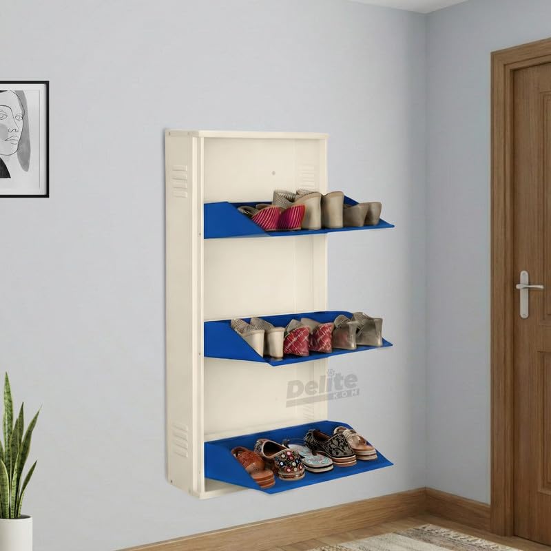 Image of Delite Kom 24 Inch Wide, 3 Shelf Metal Shoe Rack Wall Mounted for Home with Central Lock Holds Upto 9 Shoes or 15 Slippers Pair | 1 Year Warranty | (41 x 24 x 5 Inch, Ivory Brick Red) DIY Space Saving