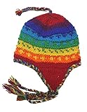 Wool Hand Knit Unisex Fleece Lined Ear Flap Beanie Cap Hat (Rainbow)