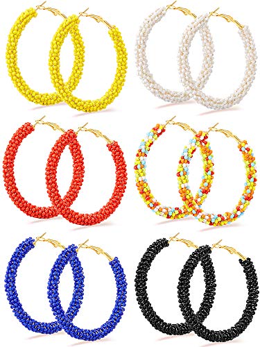 6 Pairs Bohemian Beaded Hoop Earrings Women Colorful Handmade Large Circle Dangle Drop Earrings For Women Girls(Cute Colors) #TOP28