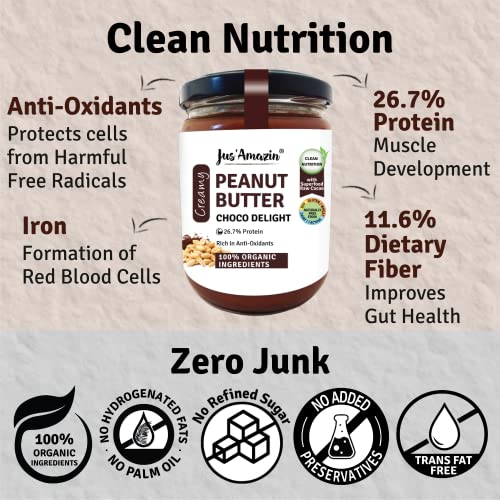 Image of Jus' Amazin Creamy Organic Peanut Butter - Choco Delight (500g) | 26% Protein | Plant-Based Nutrition | Zero Chemicals | Dairy-Free | 100% Organic Ingredients | Chocolate Spread
