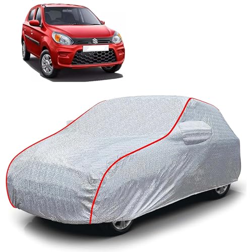 Image of Sulfar 100% Waterproof Car Body Cover Compatible with Mirror for Maruti Suzuki Alto (Triple Stitched, Full Bottom Elastic, Magic Silver with Red Piping)
