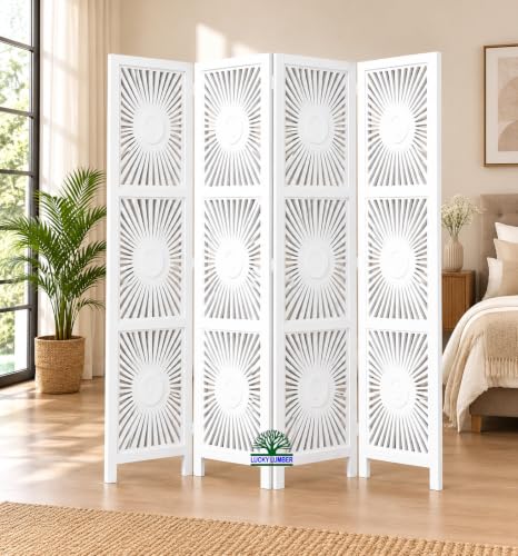 Image of Wooden Room Divider Partition for Living Room | Foldable 4 Panel Decorative Privacy Screen Separator for Home, Office & Bedroom | Modern Natural Brown (Sun White)