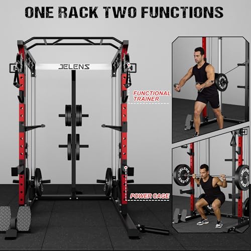 Image of JELENS C21 Power Cage, 2000LBS Multi-Function Power Rack with Independent Dual Pulley System, All-in-One Squat Rack for Cable Crossover, Home Gym Workout Machine