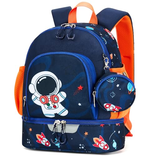PROTAURI 2026 Kinderrucksack mit Geldbeutel für Jungen, Kindergartenrucksack mit Brustgurt und Reflektierend, Kita Rucksack mit Isoliertes Lunchbox-Fach für 2-6 Jahre, 11.5L, Astronauten-Design
