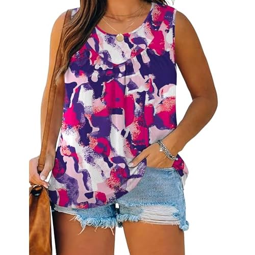 AKEWEI Womens Plus Size Tank Tops Cotton Blend Summer Tops Pleated Sleeveless Oversized Flowy Tunics XL-5XL