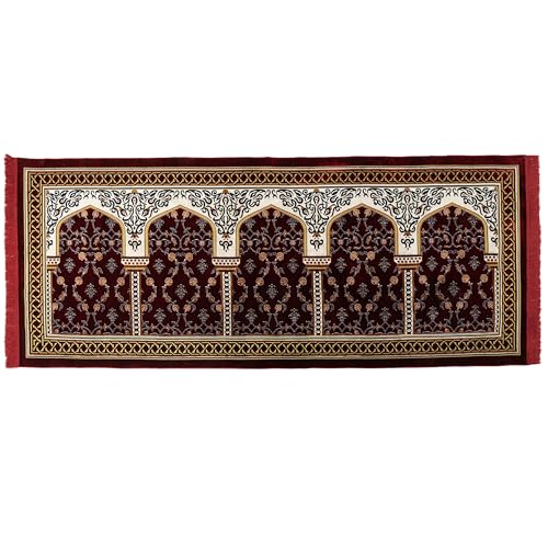 Modefa Turkish Islamic Prayer Rug - Multi Person Janamaz Sajada for Family or Mosque - Large Gathering & Group Praying Carpet - Wide Plush Velvet Praying Mat (Long 4 Person Red/Green)