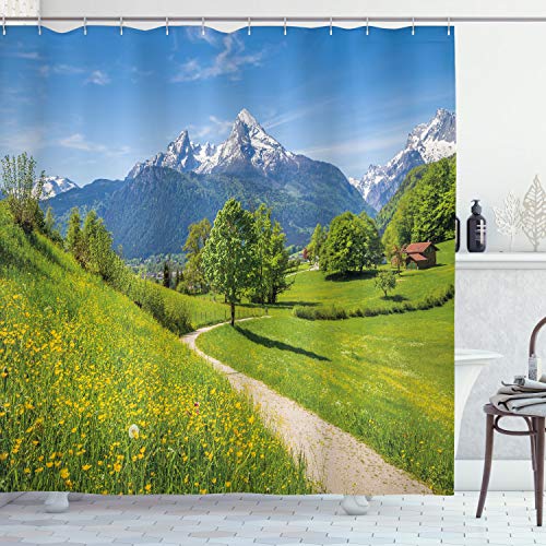 ABAKUHAUS Landscape Shower Curtain, Wildflowers in the Alps and Snow-capped Mountains National Park Bavaria Germany