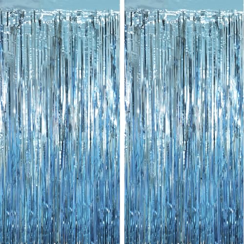 Image of Voircoloria 2 Pack Light Blue Tinsel Foil Fringe Curtains, Blue Party Decorations, Metallic Tinsel Party Streamers Backdrop for Birthday Baby Shower Graduation Wedding Anniversary Party Decorations