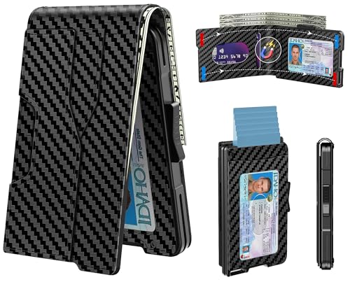 Image of Wallet for Men - Pop Up Case, Cash Slot, and Credit Card Wallet - Slim Minimalist Aluminum Front Pocket Wallet with RFID Blocking /ID Window (Vertical Carbon Fiber)
