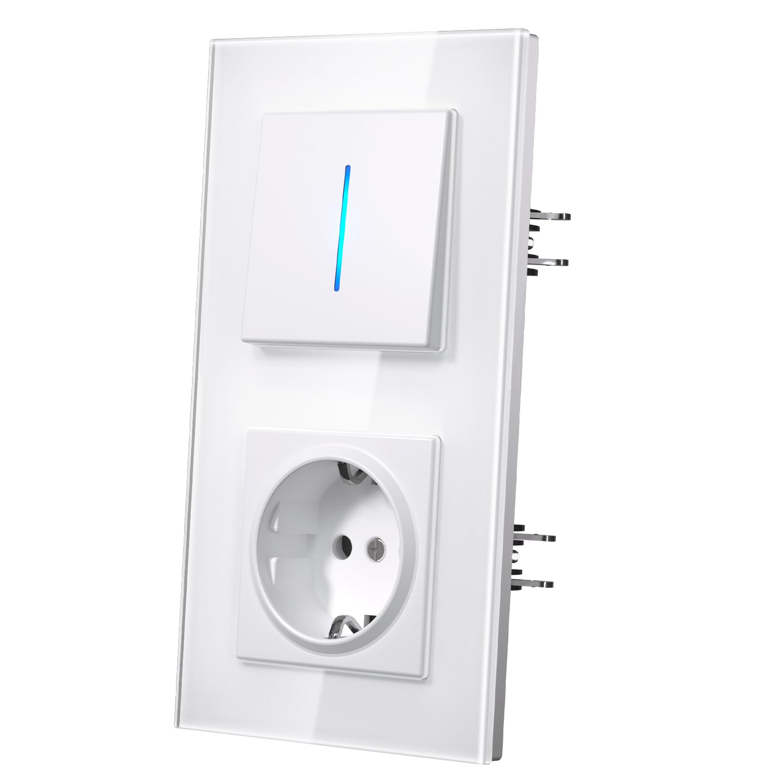 MVAVA Lichtschalter Unterputz, Lichtschalter mit Blaue Leuchtstreifen, Moderne Glas Schalter, Einfache Montage 157mm*86mm Wandschalter, 1 Fach 1 Weg mit Steckdose Weiß