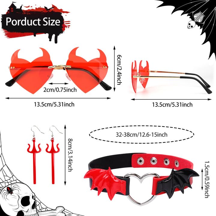 HOWAF Halloween Devil Costume Women, Red Devil Horns Headband, Choker Necklace, Glasses, Earrings for Carnival Halloween Costumes Women - Image 3