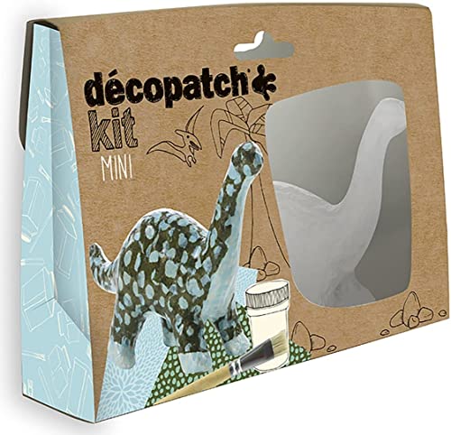 Décopatch KIT011O - Un mini-kit comprenant un animal en papier pulpé blanc, 2 feuilles Décopatch, un pinceau et un pot de vernis colle, Dinosaure