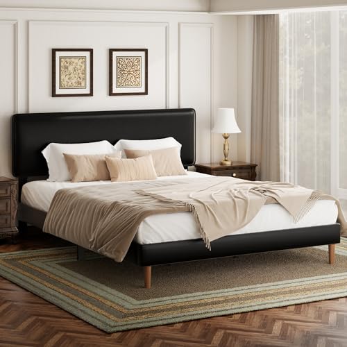 HAOARA King Size Upholstered Platform Bed Frame, PU Leather Adjustable Headboard, No Box Spring Needed, Wood Slats Support, Easy Assembly, Black