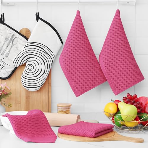 Image of Homaxy 100% Cotton Waffle Weave Kitchen Dish Cloths, Ultra Soft Absorbent Quick Drying Dish Towels, 12 x 12 Inches, 6-Pack, Hot Pink