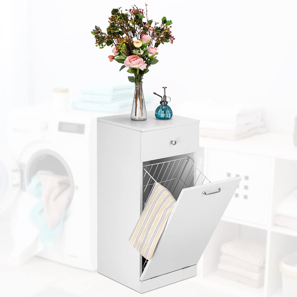 BAKAJI Mobile da Bagno Porta biancheria Bianco con 1 Cassetto ed 1 Anta Basculante, Armadietto Autoportante con Cesto per Lavanderia, Vano Portaoggetti, Dimensioni 35 x 35 x 75 cm