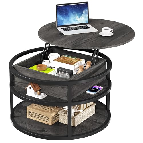 DWVO Round Coffee Tables for Living Room, Lift Top Coffee Table with Storage, Farmhouse Wood Coffee Table, Circle Small Coffee Tables Living Room for Home Decir Office, Grey