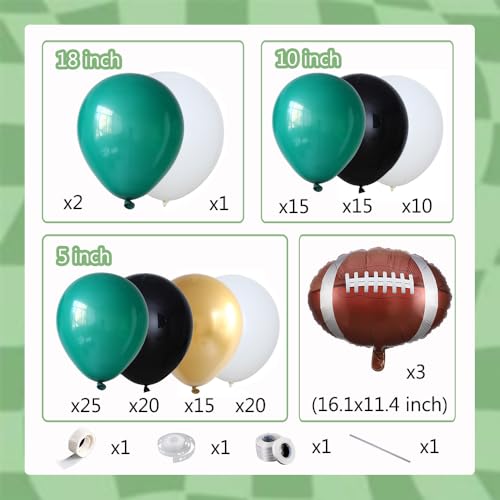Football Balloon Arch Kit,130Pcs Dark Green Black White Gold Balloons with 3 Football Foil Balloons for Rugby Sport Theme Birthday First Year Down Baby Shower Football Game Party Decorations - Image 3
