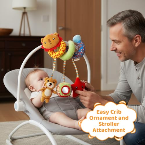Image of SNOWIE SOFT Crib Toys Stroller Soft Plush Toy Spiral Colorful Baby Toys for 6 to 12 Months Interactive Cartoon Lions Stuffed Crib Ornament Early Educational Activity Babies Sensory Toy