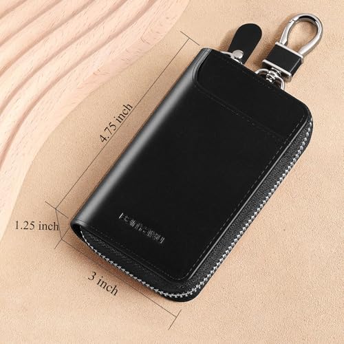 Car Key Case for Men and Women, Black Genuine Leather Card Holder Wallet Keys Pouch Organizer Bag with 6 Keychain Hooks, 3 Cards Slot (Black w/keychain)2