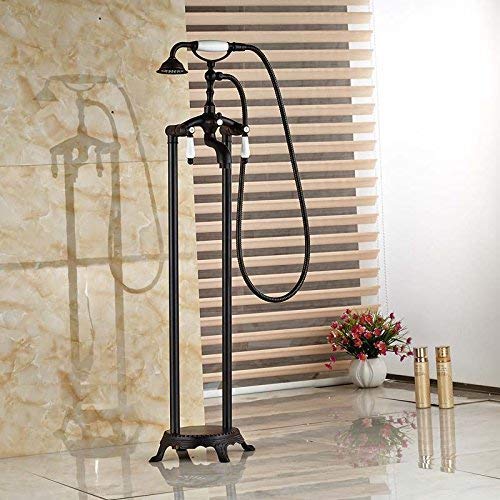 YXFF Grifo de baño Bronce aceitado Independiente Manijas Dobles Grifo de bañera de baño montado en el Piso Grifo Mezclador de Relleno con Ducha Negro