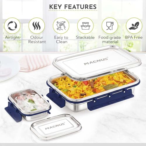 Image of Magnus Dixie Stainless Steel Lunch Box - Airtight & Leak Proof Tiffin, 2 Containers (800ml & 200ml), Ideal Lunch Box for Kids, Lunch Boxes for Office Men, Women & Picnic, Blue