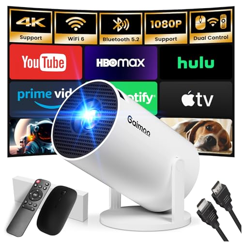 Mini Beamer, 4K Full HD 1080P Android TV OS mit Apps Projektor, Smart Beamer mit WiFi 6 und Bluetooth 5.2 Auto Keystone 180° Drehbar Kompatibel mit HDMI/TV Stick/Memory Stick/Laptop, Weiß
