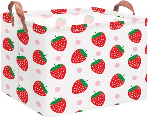 Image of NTAOHAMPER Rectangular Storage Basket with Handles, Cotton Canvas Fabric, Strawberry Pattern, Room Decor, Gift Basket, Book Box