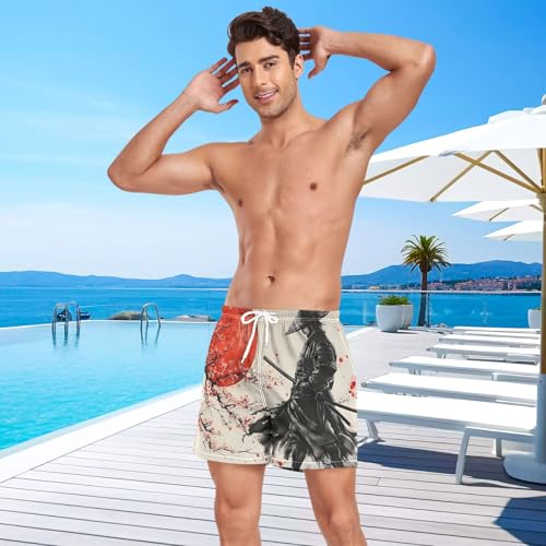 Mens Swim Trunks with Liner, Vintage Japanese Samurai Cool Quick Dry Beach Swim Shorts, Swimwear Bathing Suits S4