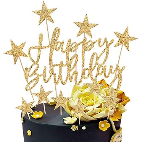 Gold Happy Birthday Cake Toppers, 2 Sets Glitter Cake Topper Banner for Girls Boys Women Man Birthday Cake Decorations, Stars Cupcake Toppers for Kids Birthday Baby Shower Hen Party Supplies (Gold) Cover