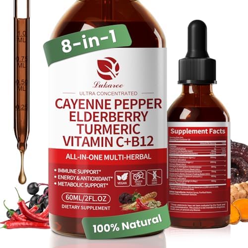 Cayenne Pepper Drops, 8-in-1 Complex - Elderberry, Turmeric Curcumin, Astragalus, Ginseng, Vitamin C & B12, Organic Liquid Supplement, Fast Absorbing Berry Flavor, 2 FL OZ – Daily Wellness Support