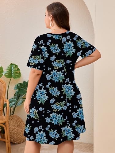 Image of AusLook Plus Size Midi Dress for Women Loose V Neck Short Sleeve Summer Casual A Line T Shirt Sundresses with Pockets 1X-5X