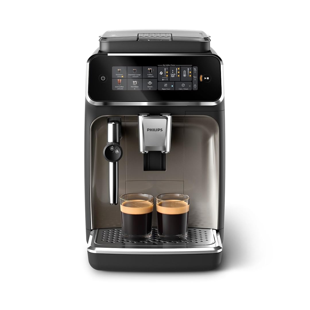 PHILIPS 3300 Series Fully Automatic Espresso Machine with integrated milk frother and grinder, 5 Hot & Iced Coffee Pre-Sets, 40% Quieter SilentBrew, 15-Bar Pressure, Glossy Black (EP3326/90)