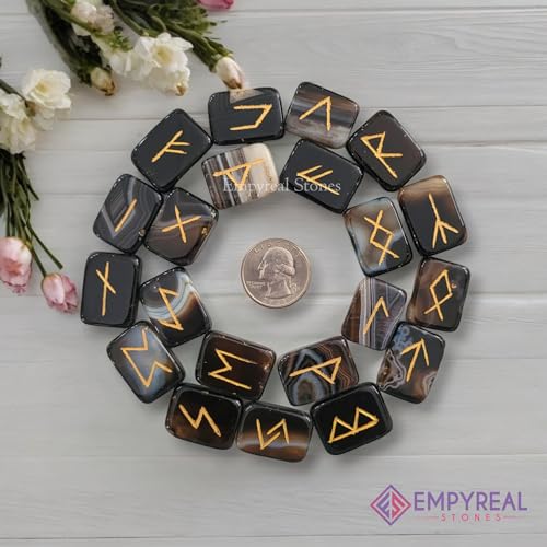 Empyreal Stones Runes – Ensemble de pierres runiques en cristal de l'alphabet viking, ancien, futhark Wicca, divination nordique (onyx noir, rect) – vue 2