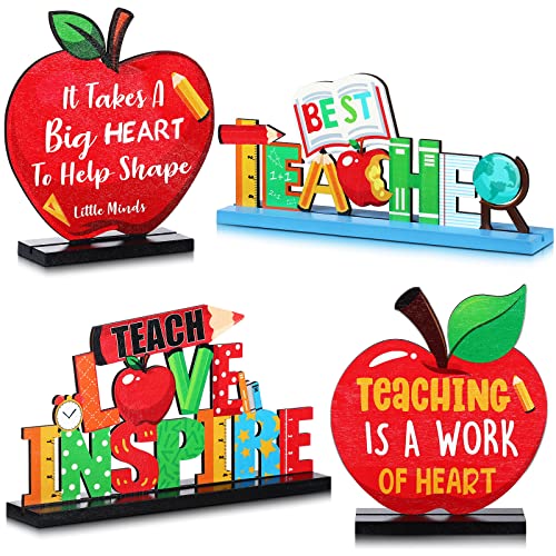 Image of Jetec 4 Pack Teacher Appreciation Table Centerpieces, Wooden Teacher Appreciation Week Table Decorations Wood Desk Signs Thank You Gifts for End of Year Graduation Gifts from Students