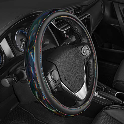 BDK Cute Iridescent Black Steering Wheel Cover for Women, Standard 15 inch Size, Sparkle Faux Leather Car Steering Wheel Cover for Truck Van SUV Auto