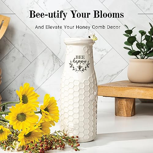 Youngs-Inc-Ceramic-Flower-Vase-Bee-Happy-White-Ceramic-Vase-Honeycomb-Decor-3-L-x-3-W-x-8-H-Contains-one-Flower-vase Youngs Inc Ceramic Flower Vase Bee Happy White Ceramic Vase Honeycomb Decor 3 L x 3 W x 8 H Contains one Flower vase