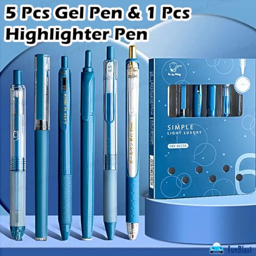 Image of FunBlast Gel Pens for Writing, 5 Pcs Gel Pen & 1 Pcs Highlighter Pen, with Comfortable Grip for Smooth Writing, Kawaii Pens, Stationery for School & Office (Blue Ink) (Blue)