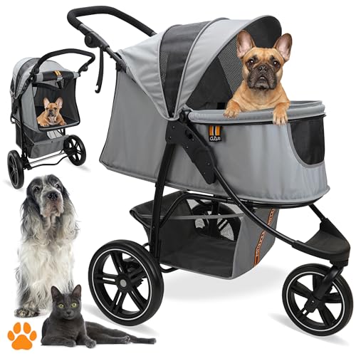 MY DUQUE COOPER - Hundewagen & Haustier Buggy bis 32 kg mit Ablagekorb für Einkäufe, einfach faltbar, 3-Fach höhenverstellbar, Soft Touch Griffe, reflektierend und im modernes Design - Grau