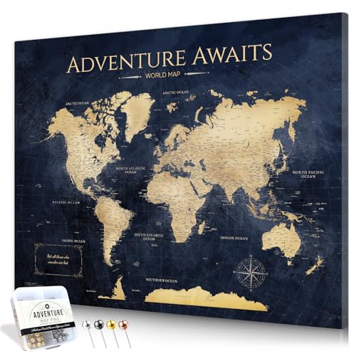 Image of IPIC - Vintage Teal World Map Pin Board Canvas Wall Art, Travel Map with Pins Included, Ready to Hang for Home or Office 30x24 Inch
