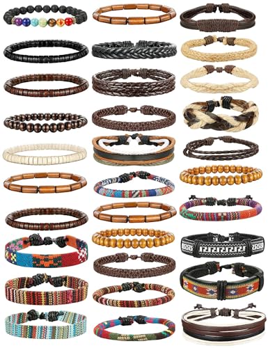 FIBO STEEL 31 Pcs Braided Leather Bracelets for Men Women Wooden Beads Cool Hemp Tribal Wristbands Cuff Punk Multilayered Bracelets2