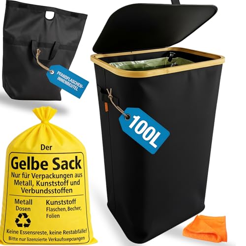 ZUHAUSEZIRKEL Pfandflaschen Sammelbehälter Gelber Sack Ständer (60120L Müllsäcke) Mülleimer mit Deckel & 2-in-1 Innentasche/Shopper-Bag Müllsackständer Mülleimer Küche Gelber Sack Behälter