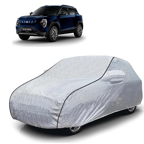 Image of Sulfar 100% Waterproof Car Body Cover Compatible with Mirror for Mahindra XUV 3XO EV (Triple Stitched, Full Bottom Elastic, Magic Silver with Black Piping)
