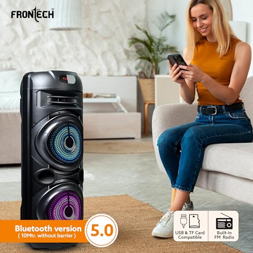 Image of FRONTECH Vega TWS Wireless Bluetooth 60W 5.0 Trolley Speaker with Disco Party Lights, Wireless Mic, Up to 4 Hours Playtime, 1.0 Channel (Black, SW-0208)