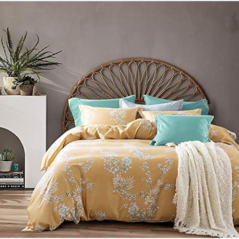 Windflower Bedding Bloomfield Floral Duvet Cover 3pc Set Cotton Botanical Nature Vines Branches Birds Butterflies Multicolored Flowers (King, Muted Mustard) Cover
