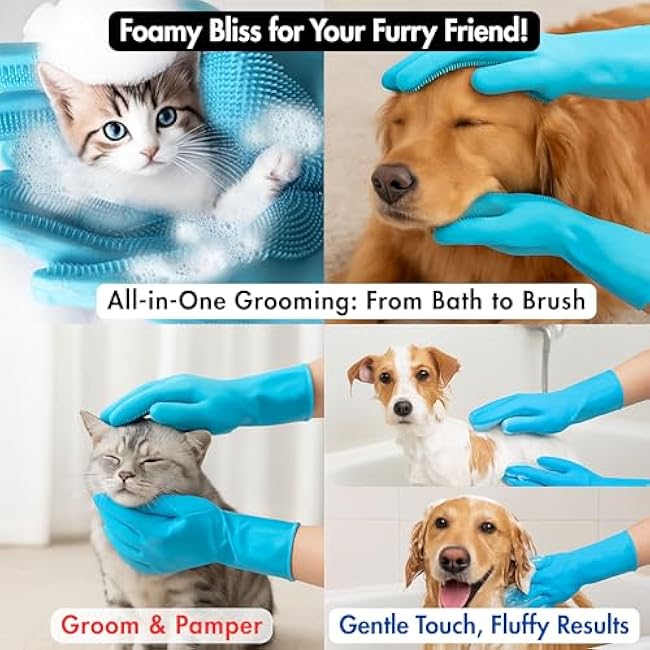 1# Pet Grooming Gloves | 2 in 1 Silicone Bath & Deshedding Mitts for Dogs, Cats & Rabbits | Safe Non Electric Hair Remover | Quick Foam, Massage & Easy Cleaning | 1 Pair (Pink)-BINv10UC