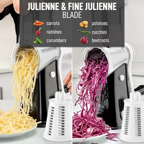 Image of Zulay Kitchen Rotary Cheese Grater 5 Blade Cheese Shredder - Manual Hand Crank Cheese Grater With Reinforced Suction & 5 Interchangeable Drums - Easy to Use, Vegetable Chopper Round Mandoline Slicer