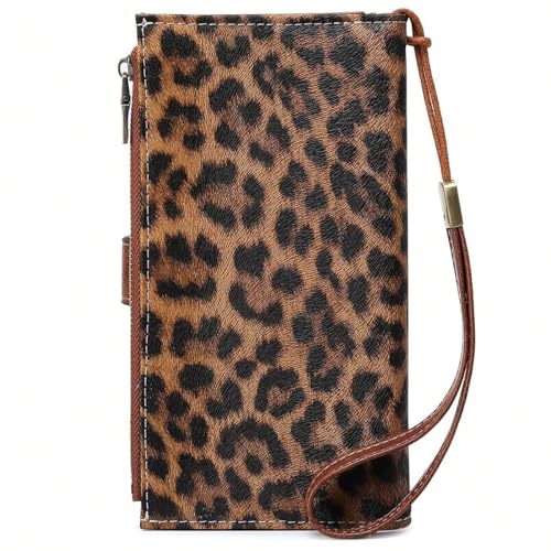 Image of Women Leather Wallet Crossbody Shoulder Bag with Double Zipper and Mobile Phone Purse with Shoulder Strap